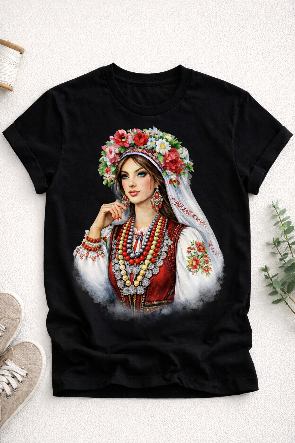 Тениска с илюстрация на българска жена в традиционна народна носия
