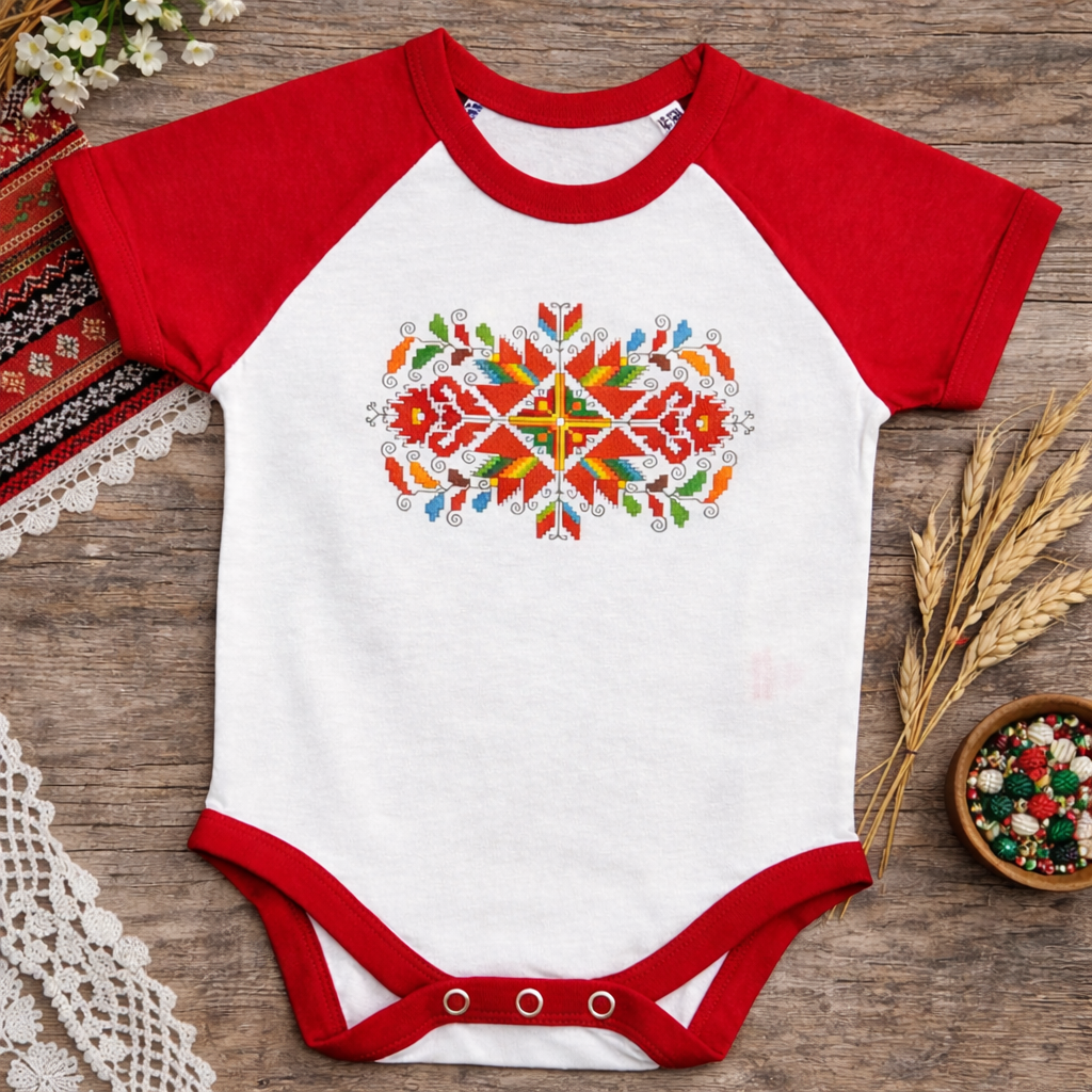 Бебешко боди с българска шевица – Bulgarian  Baby Bodysuit, фолклорен мотив, подарък за българче