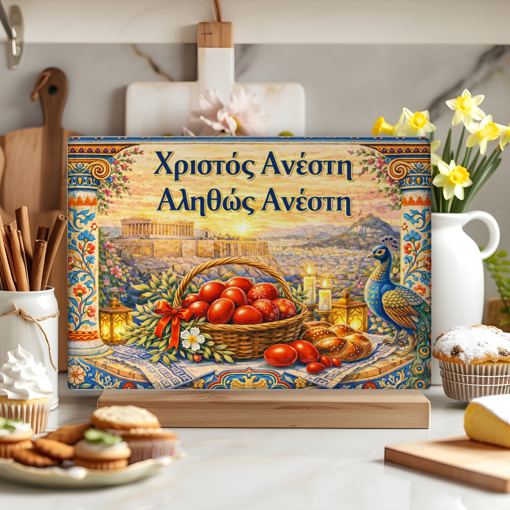 Greek Easter Glass Cutting Board with “Christos Anesti” – Greek Orthodox Easter Kitchen Decor
