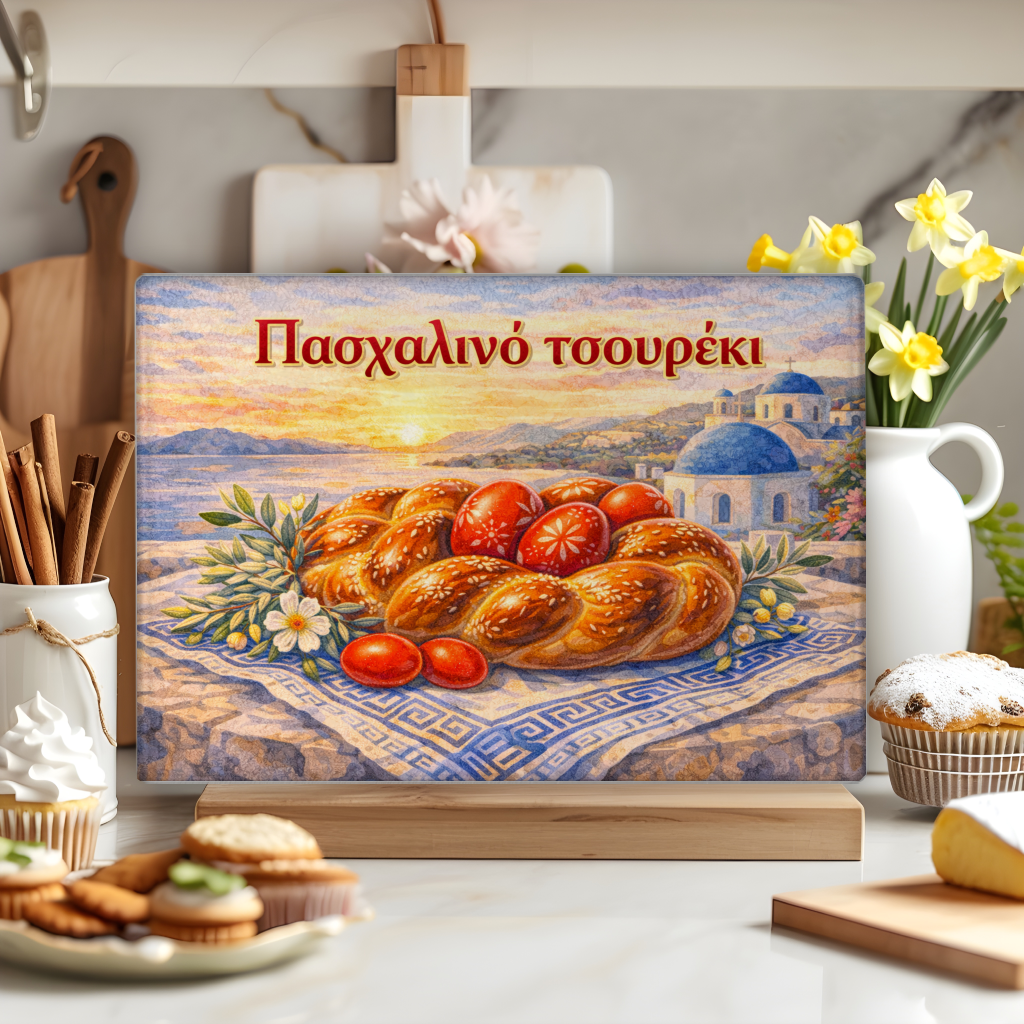 Greek Easter Glass Cutting Board with “Christos Anesti” – Greek Orthodox Easter Kitchen Decor