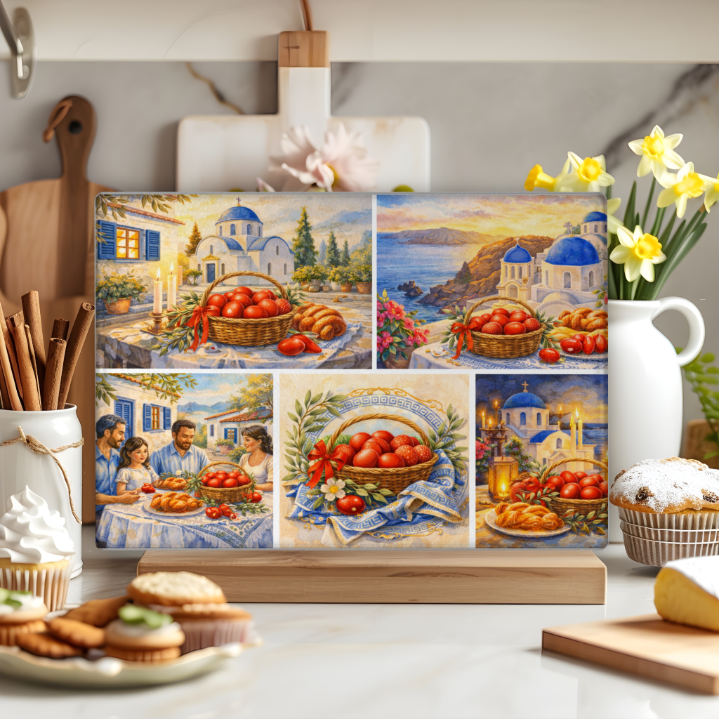 Greek Easter Glass Cutting Board with “Christos Anesti” – Greek Orthodox Easter Kitchen Decor
