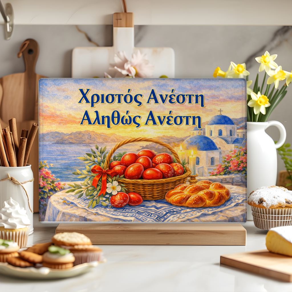 Greek Easter Glass Cutting Board with “Christos Anesti” – Greek Orthodox Easter Kitchen Decor