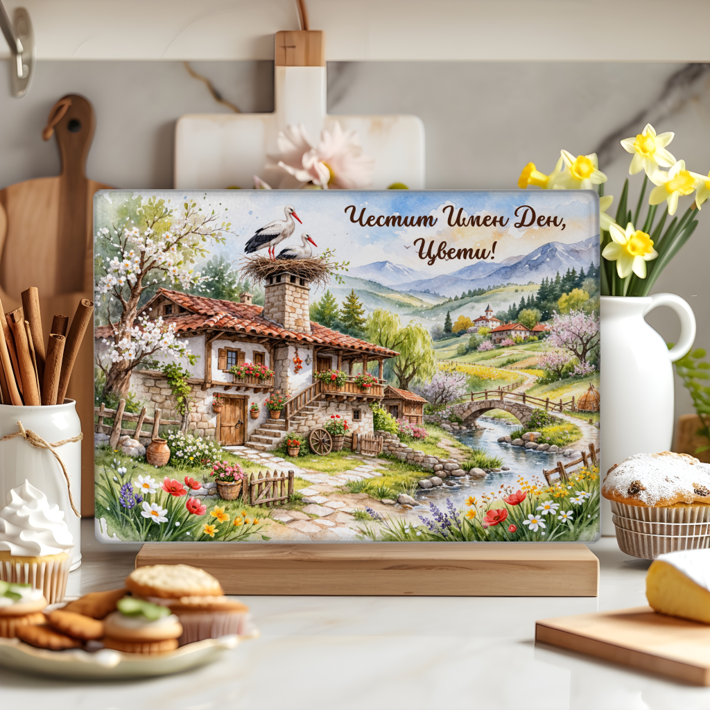 Персонализирана стъклена дъска за рязане за имен ден – български подарък с пролетен пейзаж
