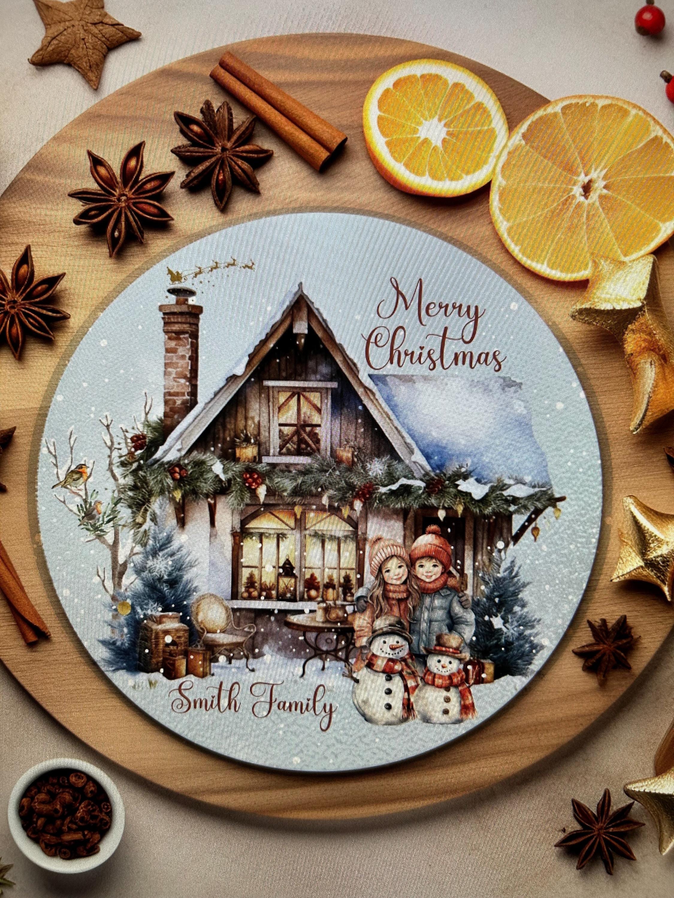 Personalised Christmas Glass Cutting Board | Holiday Cottage Decor 30cm | Custom Family Name | Unique Xmas Kitchen Gift
