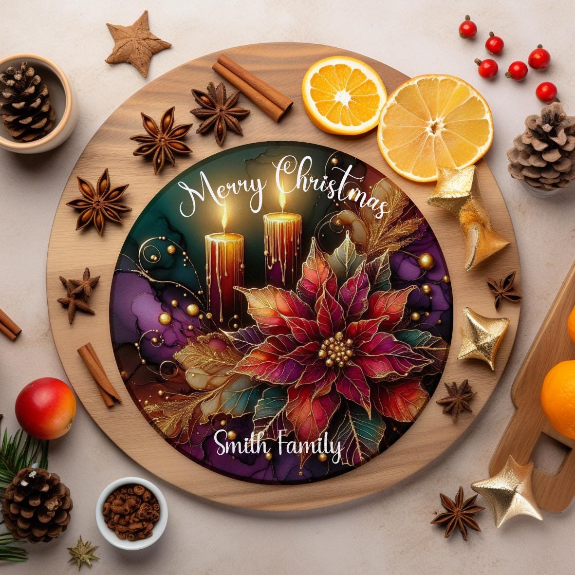 Round glass cutting board with a festive Christmas design featuring three red candles and a large multicolored poinsettia flower. “Merry Christmas” is written at the top, and the bottom is personalized with “Smith Family.” Custom name can be added for a personal touch.