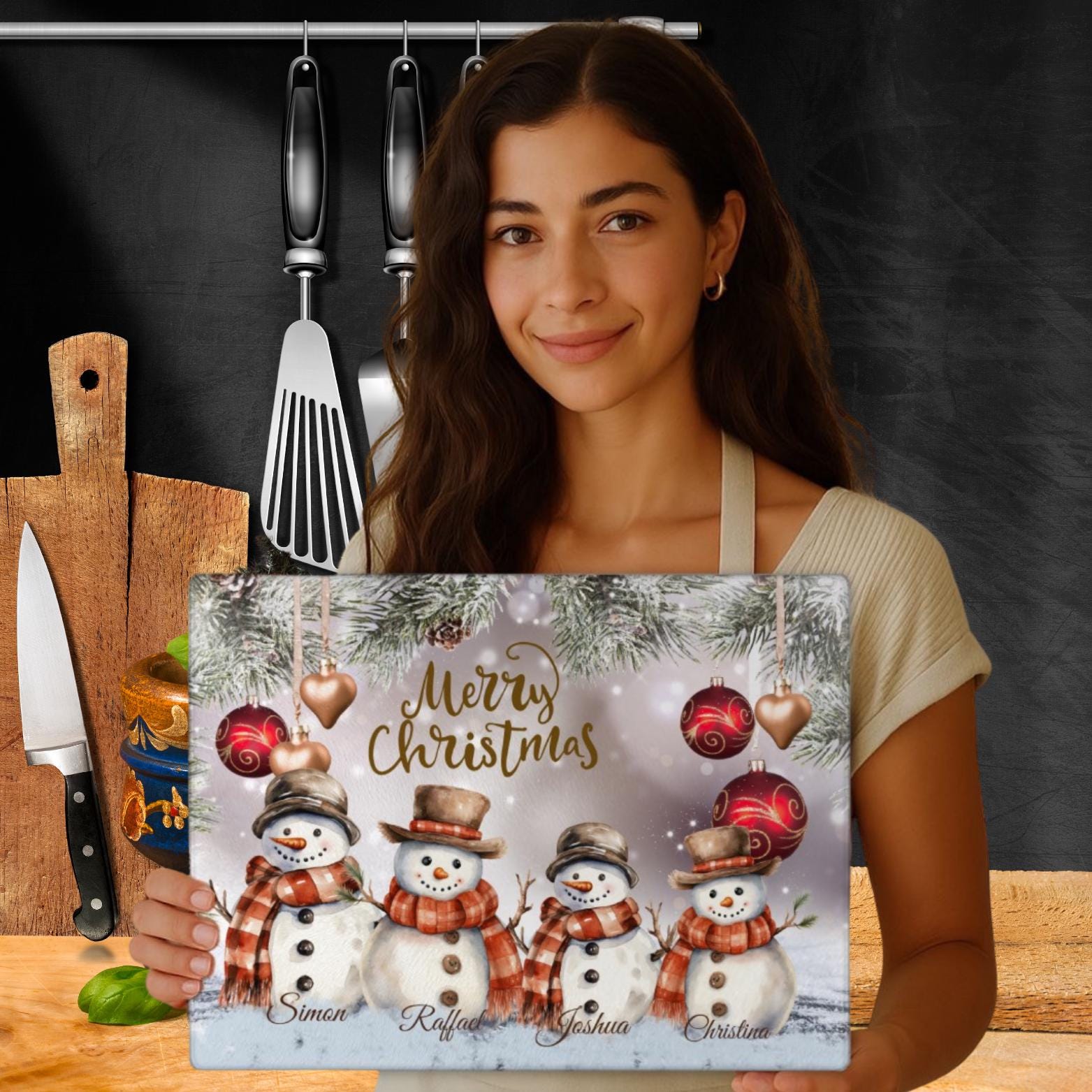Personalized Christmas Glass Cutting Board: Family Snowmen Holiday Decor