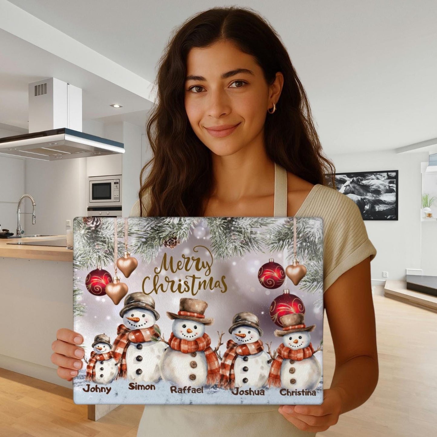 Personalized Christmas Glass Cutting Board: Family Snowmen Holiday Decor