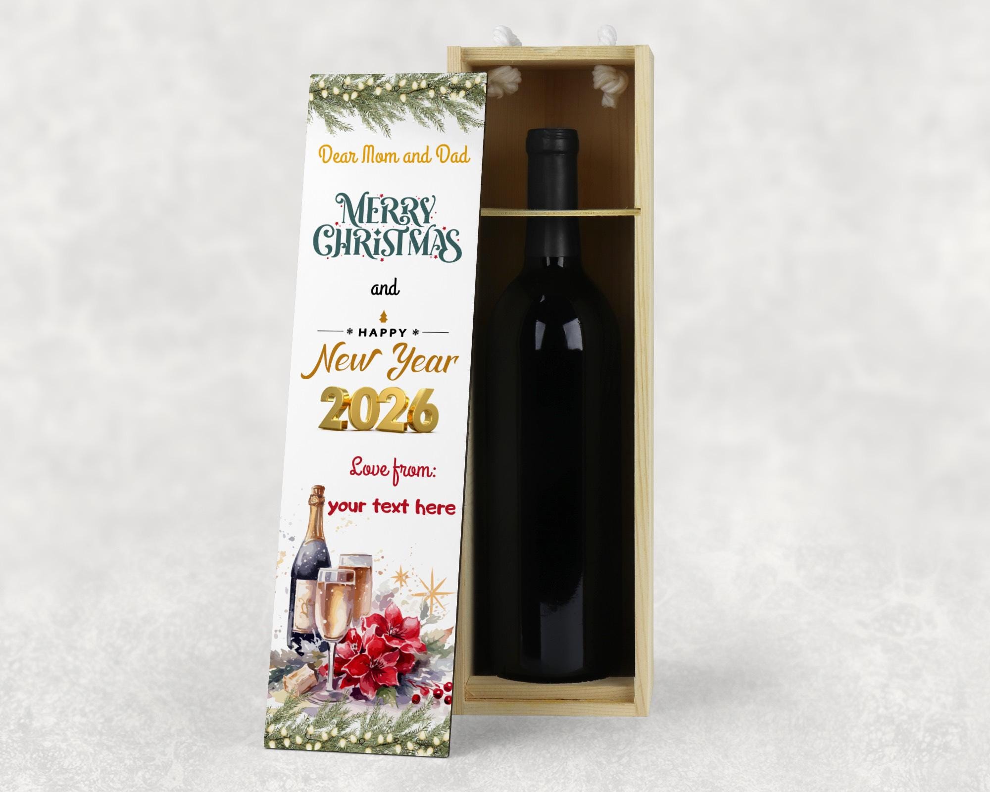 Personalised Wooden Wine Box Christmas Gift, Dear Family 2026 Design, Custom New Year Bottle Holder, Holiday Keepsake with Name, wine lovers