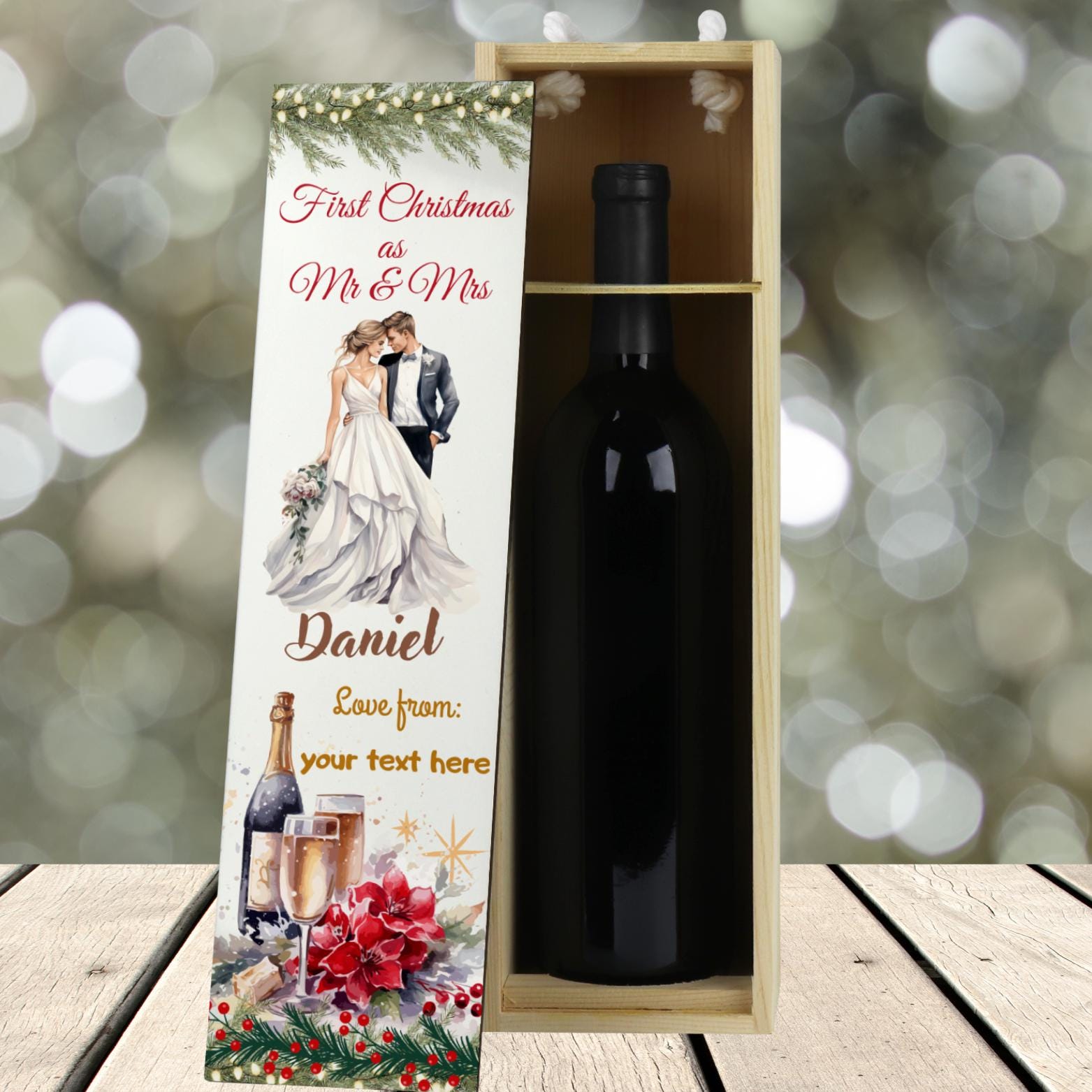 Personalised Champagne Wooden Wine Gift Box. Custom Printed Wedding Christmas, Valentines, Anniversary Engagement Gift