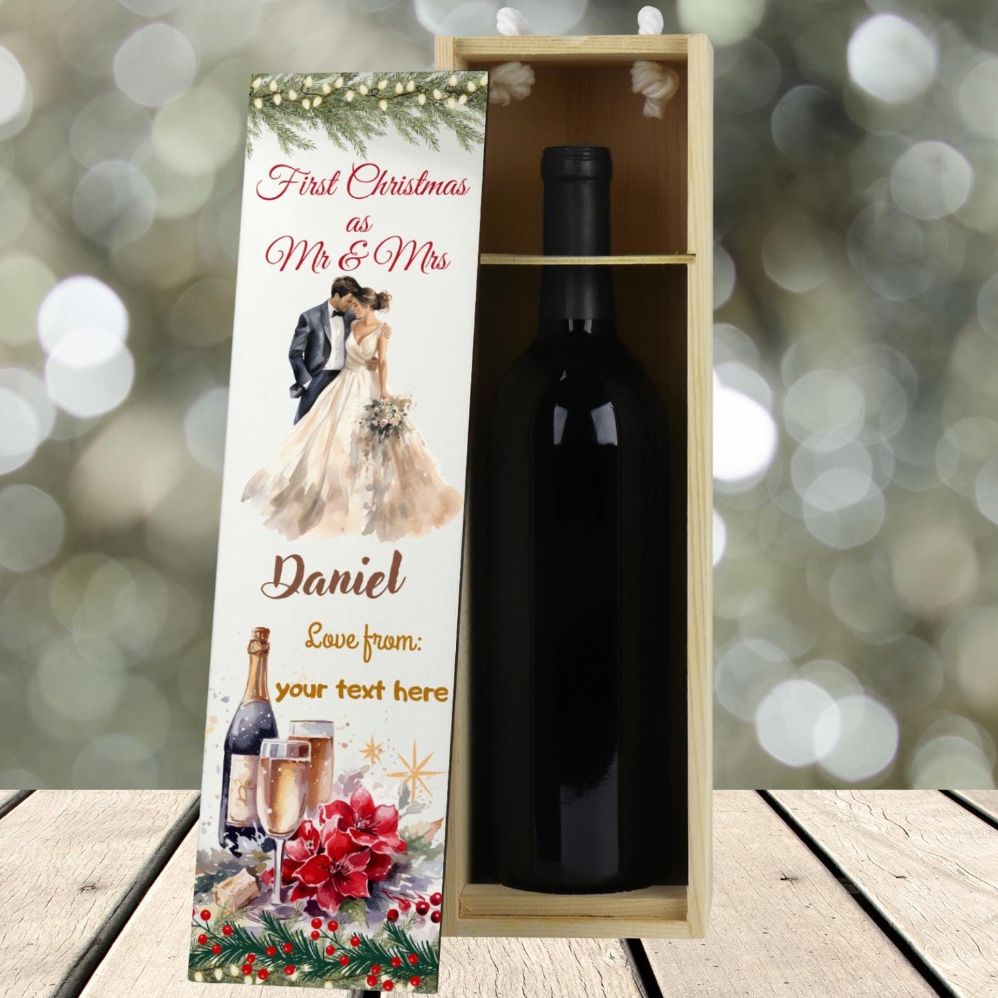 Personalised Champagne Wooden Wine Gift Box. Custom Printed Wedding Christmas, Valentines, Anniversary Engagement Gift