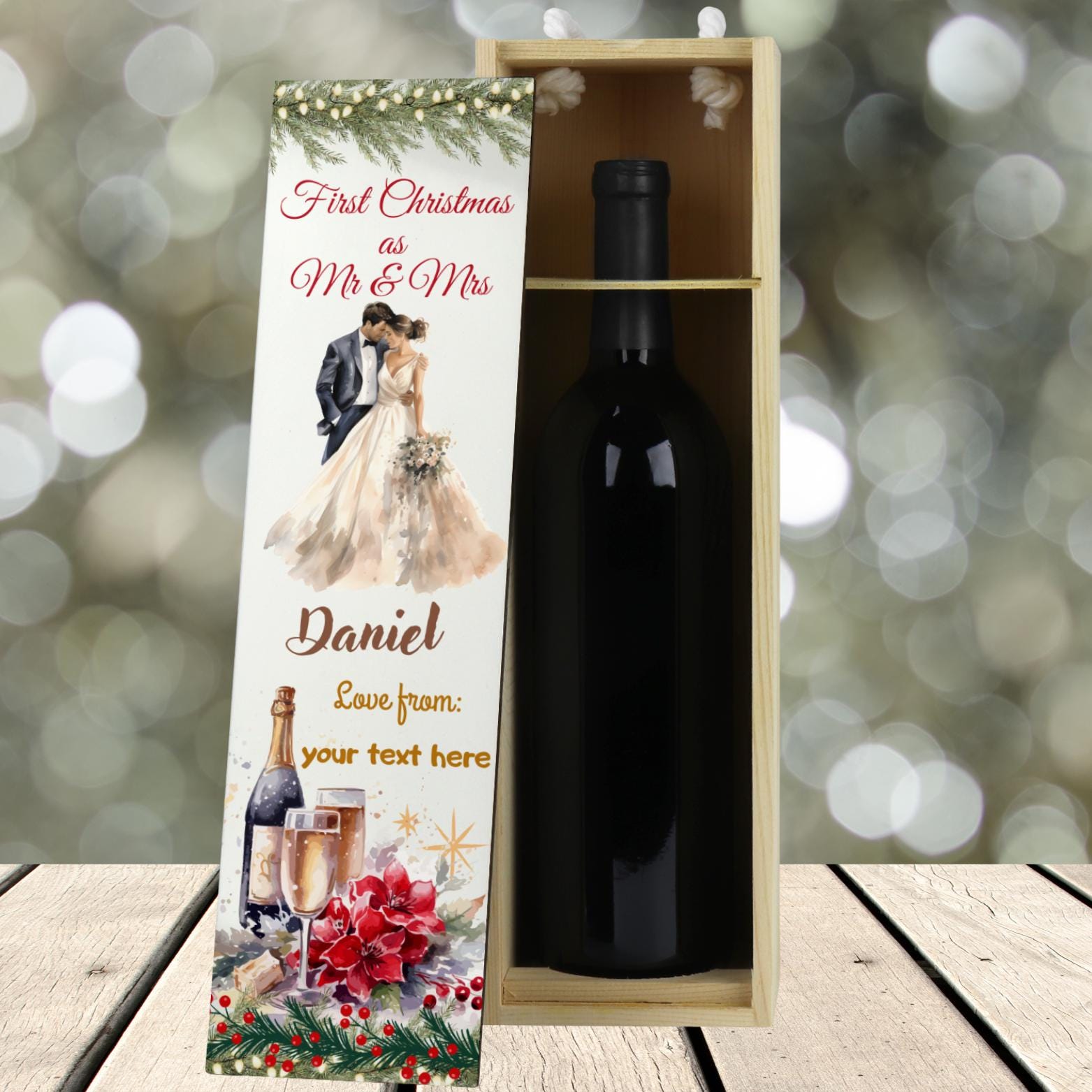 Personalised Champagne Wooden Wine Gift Box. Custom Printed Wedding Christmas, Valentines, Anniversary Engagement Gift
