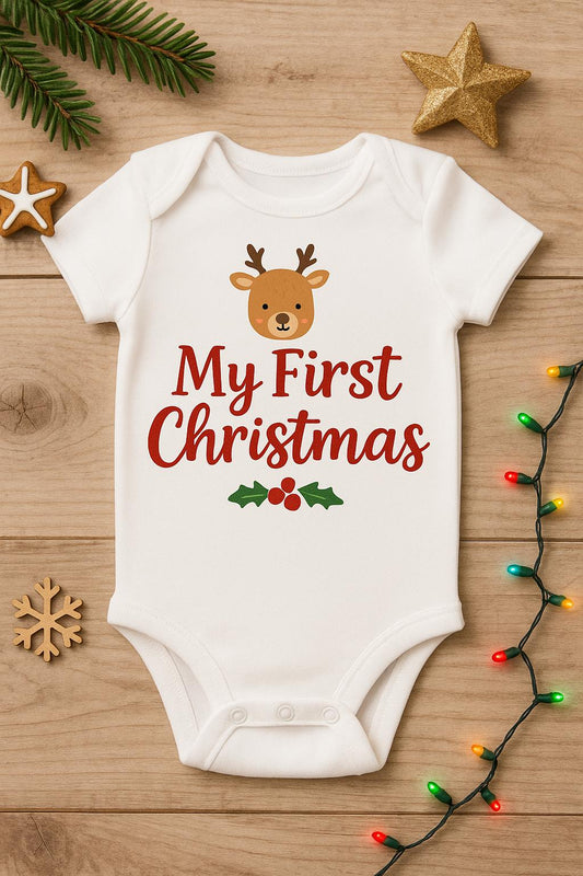 My First Christmas Baby Onesie: Santa or Reindeer Design