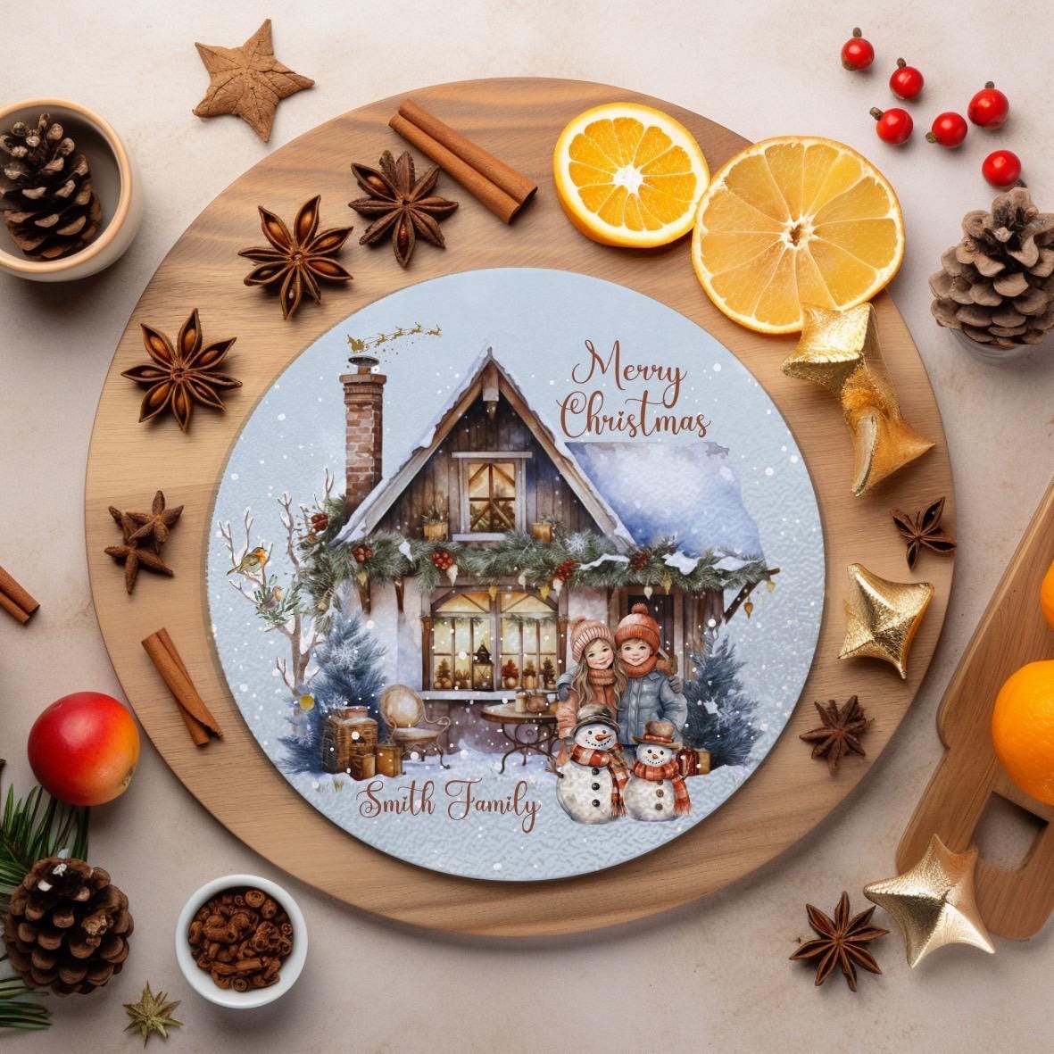 Personalised Christmas Glass Cutting Board | Holiday Cottage Decor 30cm | Custom Family Name | Unique Xmas Kitchen Gift