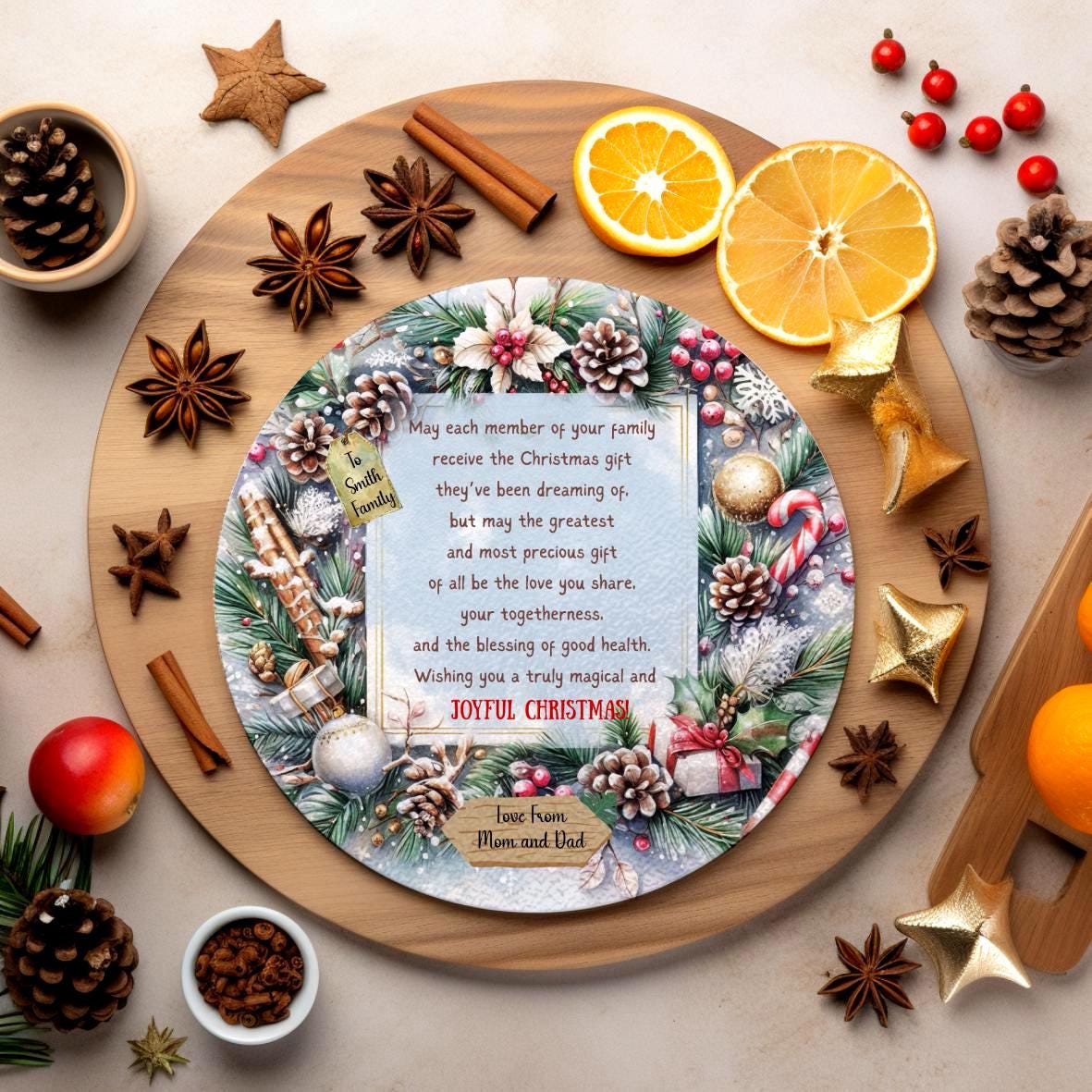 Personalised Custom Christmas Glass Cutting Board – Family Gift with Message, Custom Holiday Kitchen Decor