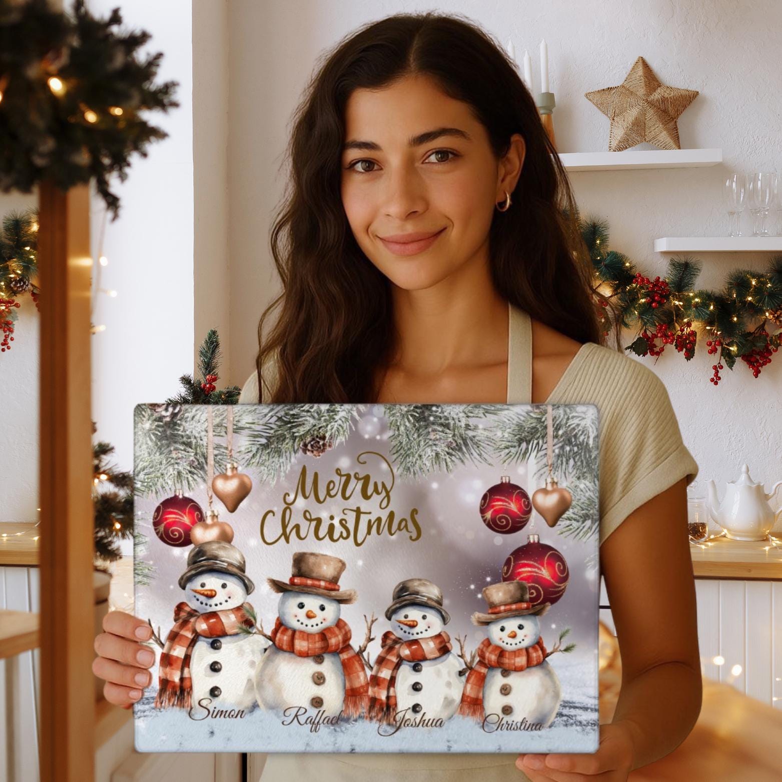 Personalized Christmas Glass Cutting Board: Family Snowmen Holiday Decor