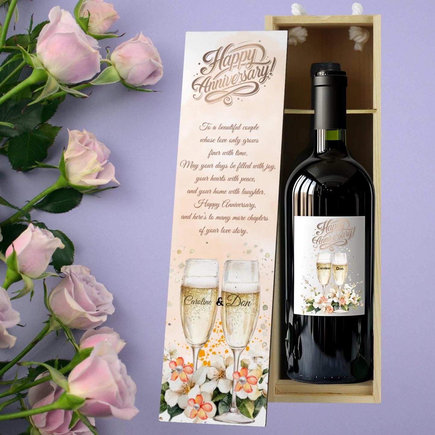 Personalised Champagne Wooden Wine Gift Box. Custom Printed Wedding Christmas, Valentines, Anniversary Engagement Gift