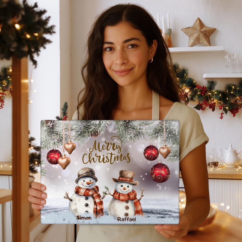 Personalized Christmas Glass Cutting Board: Family Snowmen Holiday Decor