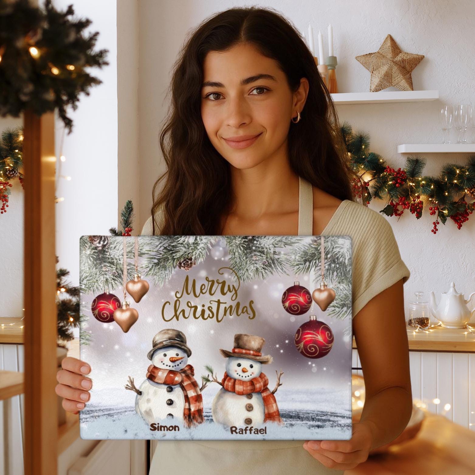 Personalized Christmas Glass Cutting Board: Family Snowmen Holiday Decor
