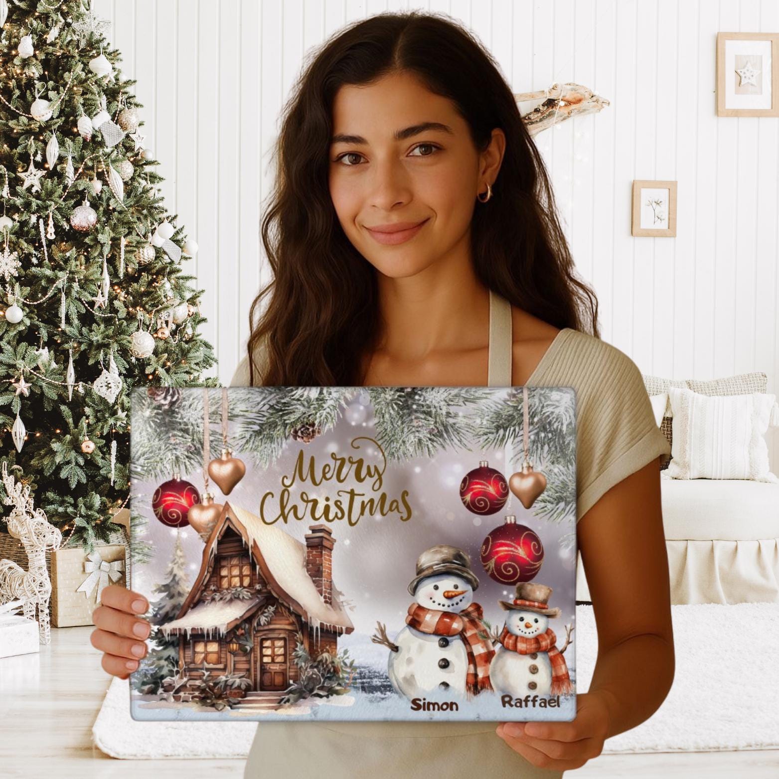 Personalized Christmas Glass Cutting Board: Family Snowmen Holiday Decor