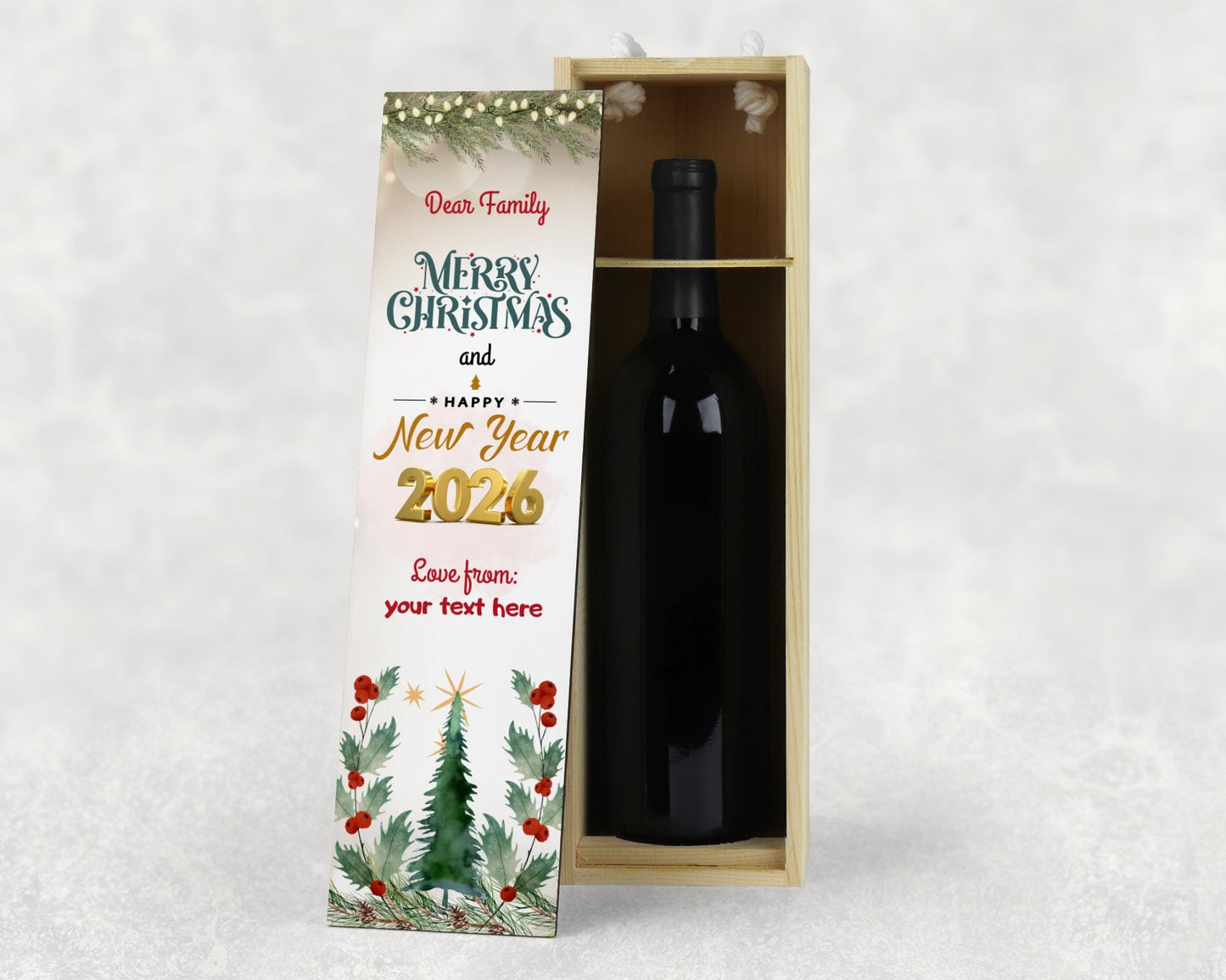 Personalised Wooden Wine Box Christmas Gift, Dear Family 2026 Design, Custom New Year Bottle Holder, Holiday Keepsake with Name, wine lovers