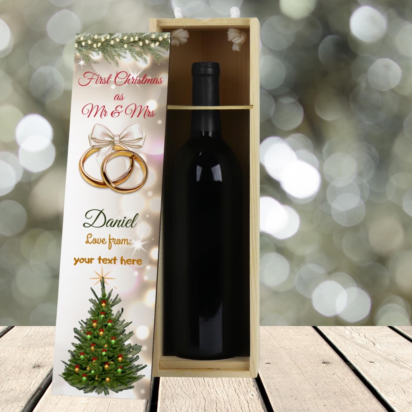 Personalised Champagne Wooden Wine Gift Box. Custom Printed Wedding Christmas, Valentines, Anniversary Engagement Gift