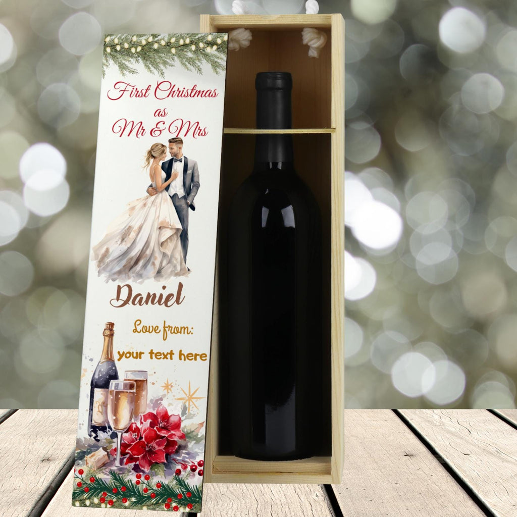 Personalised Champagne Wooden Wine Gift Box. Custom Printed Wedding Christmas, Valentines, Anniversary Engagement Gift