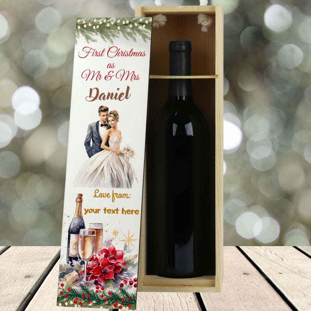 Personalised Champagne Wooden Wine Gift Box. Custom Printed Wedding Christmas, Valentines, Anniversary Engagement Gift