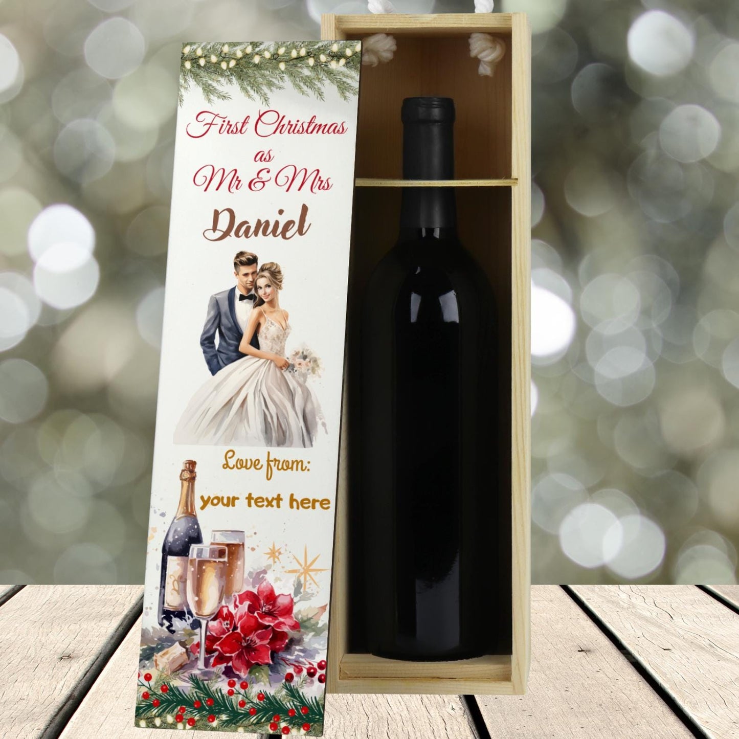 Personalised Champagne Wooden Wine Gift Box. Custom Printed Wedding Christmas, Valentines, Anniversary Engagement Gift