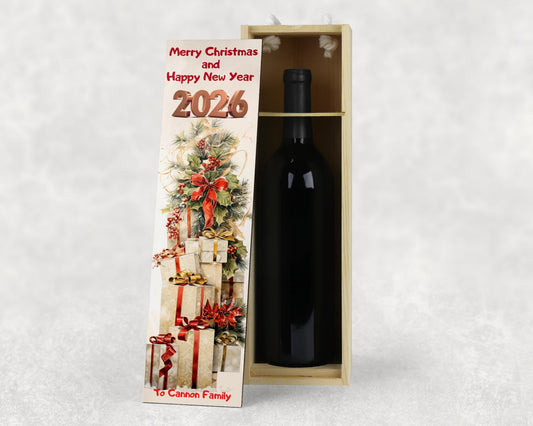 Personalised Christmas Wine Box, Custom Holiday Champagne Gift, Wooden Wine Gift Box for Couple, Xmas Keepsake, Festive Packaging, New Home