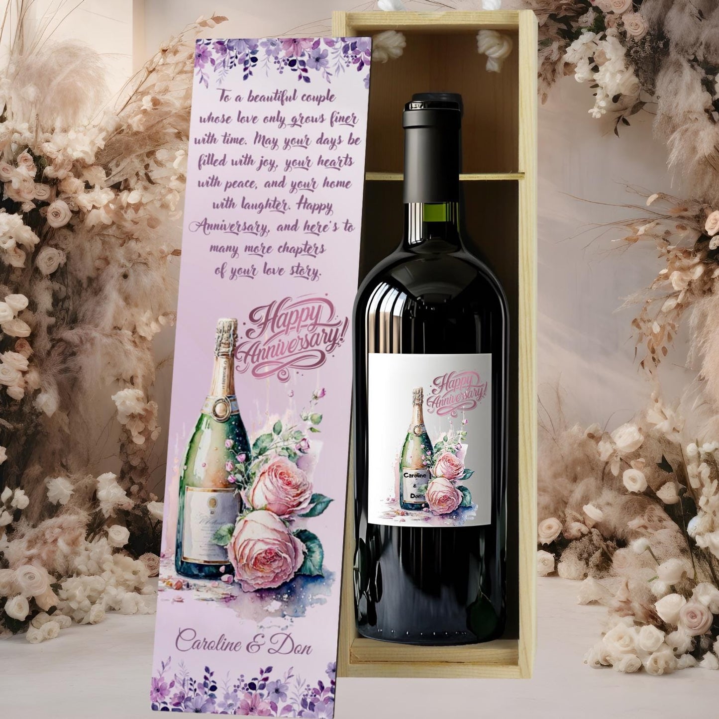 Personalised Champagne Wooden Wine Gift Box. Custom Printed Wedding Christmas, Valentines, Anniversary Engagement Gift