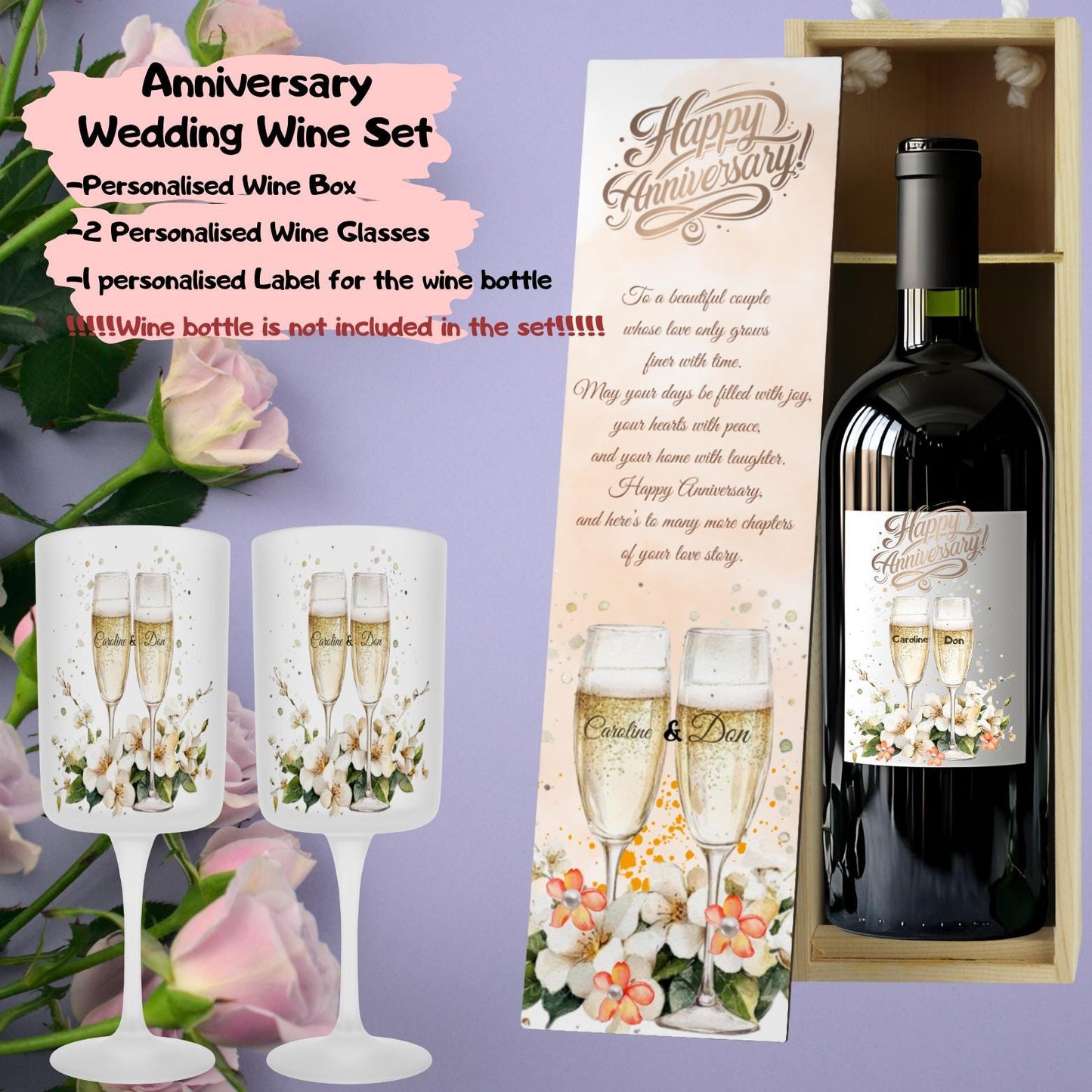 Personalised Champagne Wooden Wine Gift Box. Custom Printed Wedding Christmas, Valentines, Anniversary Engagement Gift