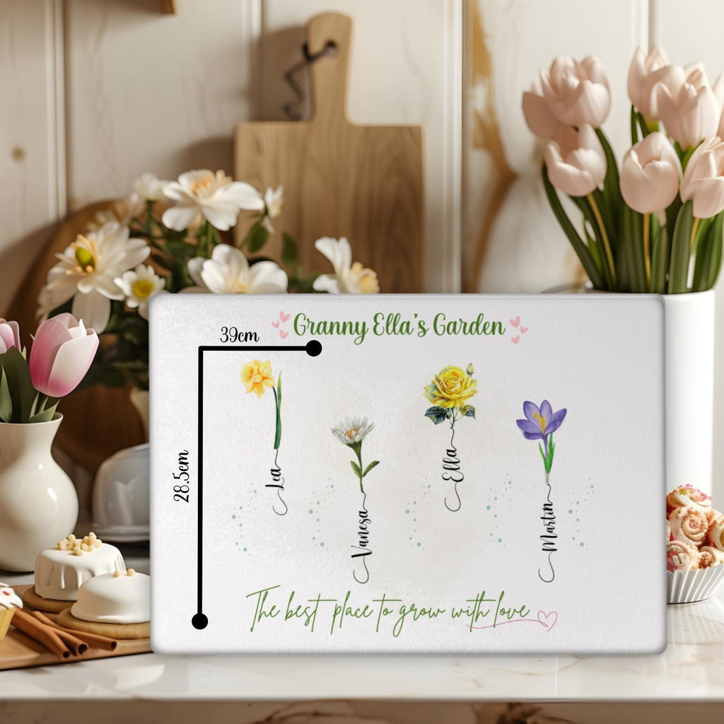 Grandmas Garden Personalised Glass Cutting Board Custom Family Flower Gift for Mum Nana Birthday, Mothers Day, Christmas