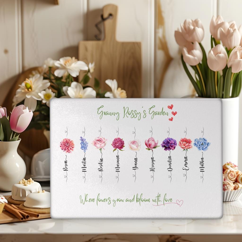 Grandmas Garden Personalised Glass Cutting Board Custom Family Flower Gift for Mum Nana Birthday, Christmas, Mothers Day