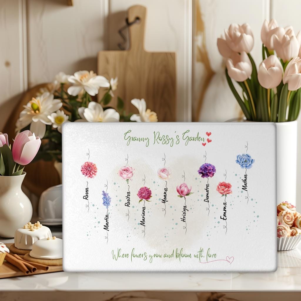 Grandmas Garden Personalised Glass Cutting Board Custom Family Flower Gift for Mum Nana Birthday, Mothers Day, Christmas