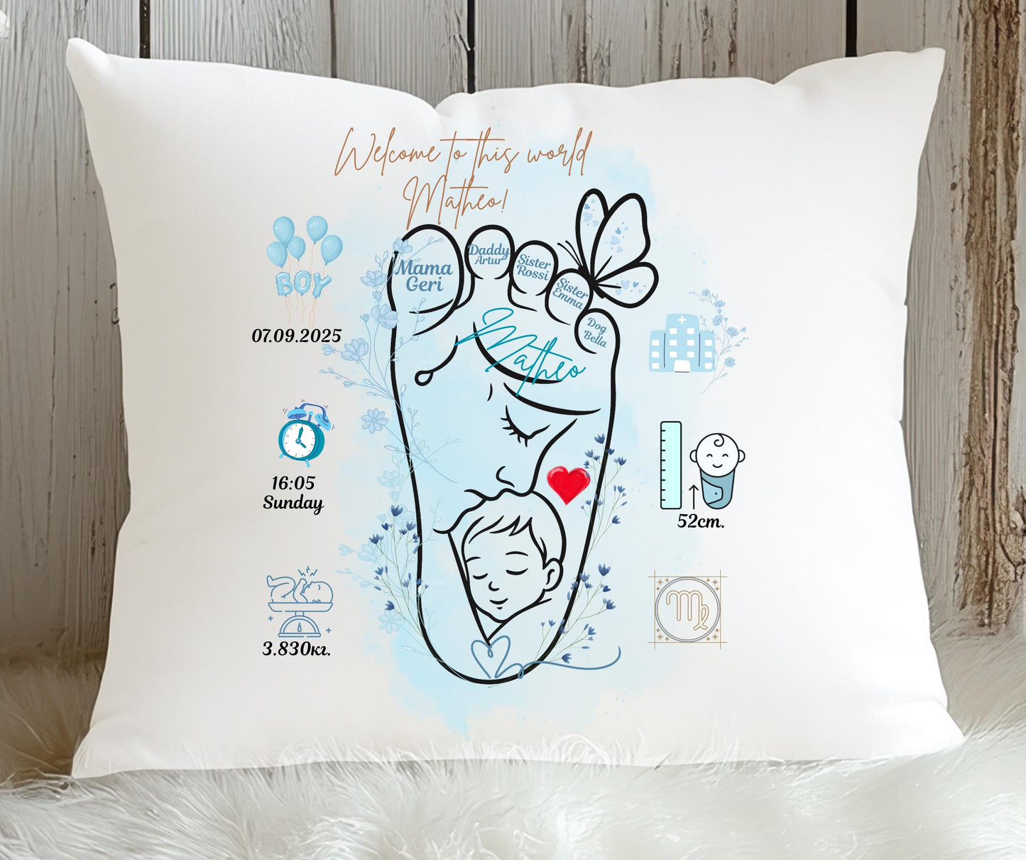 Personalised Baby Birth Announcement Pillow Custom Newborn Cushion Baby Name Gift Keepsake for Boy or Girl Baby Shower or Nursery Decor