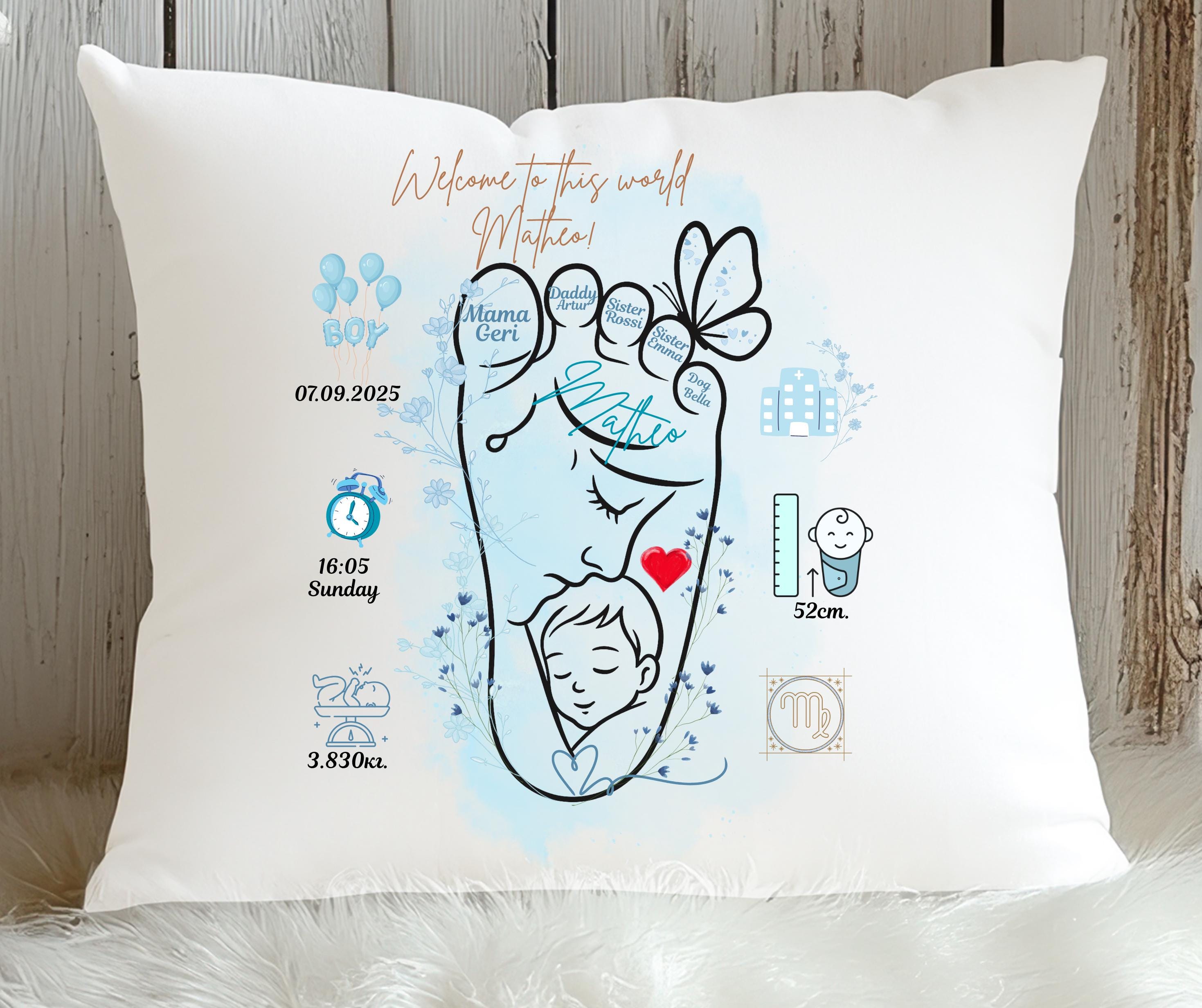 Personalised Baby Birth Announcement Pillow Custom Newborn Cushion Baby Name Gift Keepsake for Boy or Girl Baby Shower or Nursery Decor