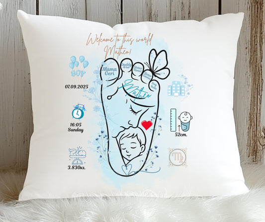 Personalised Baby Birth Announcement Pillow Custom Newborn Cushion Baby Name Gift Keepsake for Boy or Girl Baby Shower or Nursery Decor