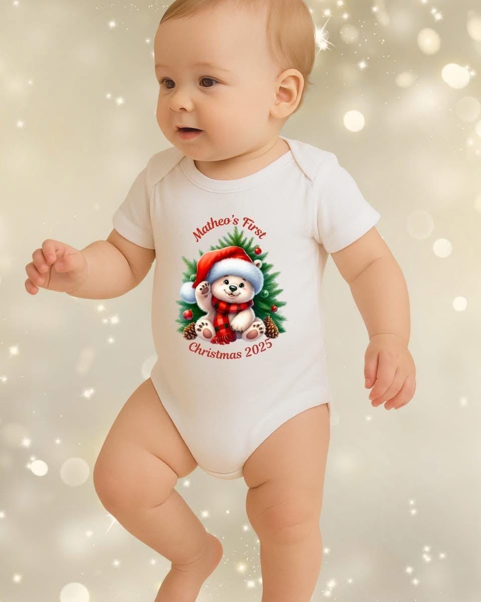 Baby’s first Christmas bodysuit personalised with name, cute bear design gift.