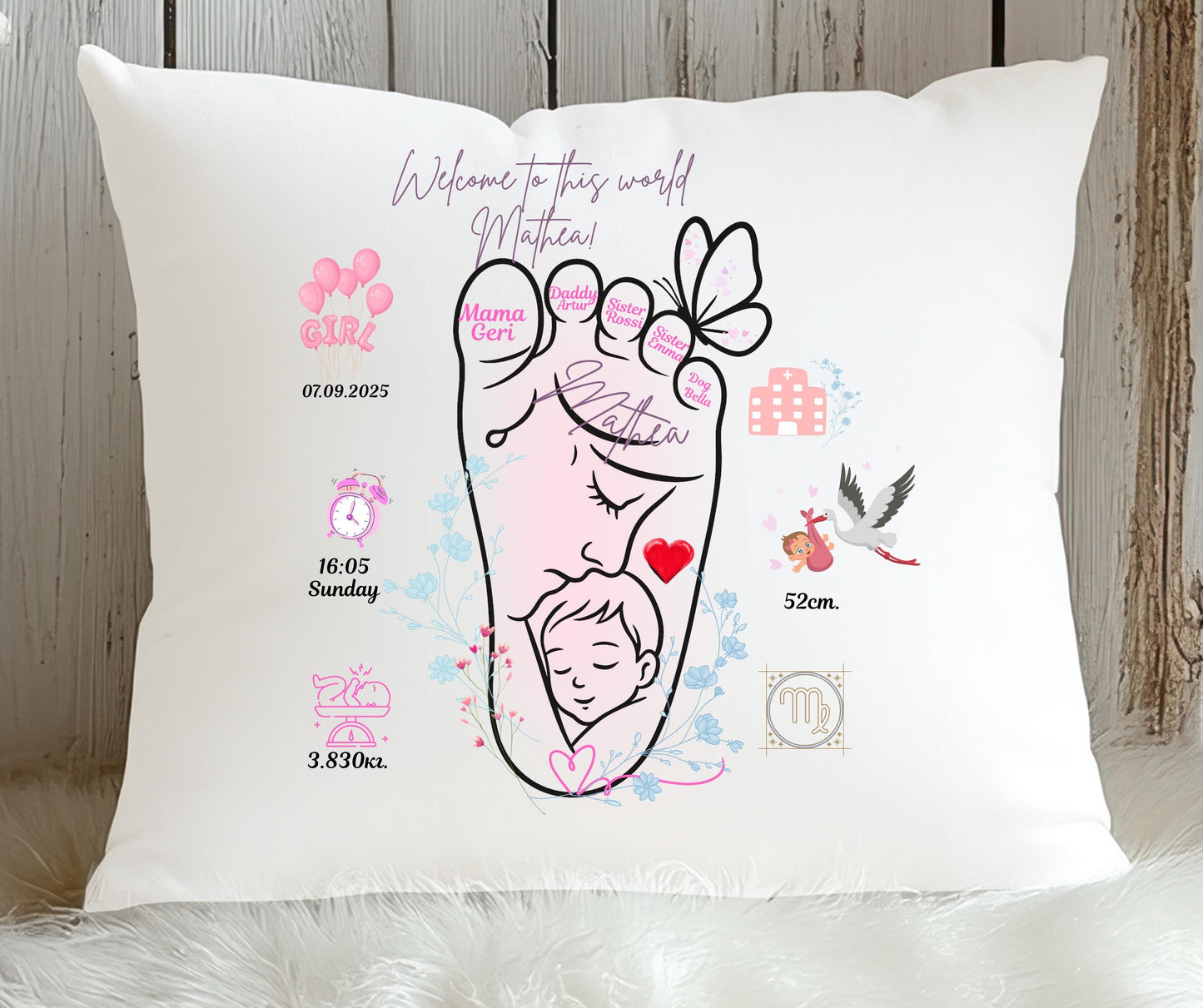 Personalised Baby Birth Announcement Pillow Custom Newborn Cushion Baby Name Gift Keepsake for Boy or Girl Baby Shower or Nursery Decor
