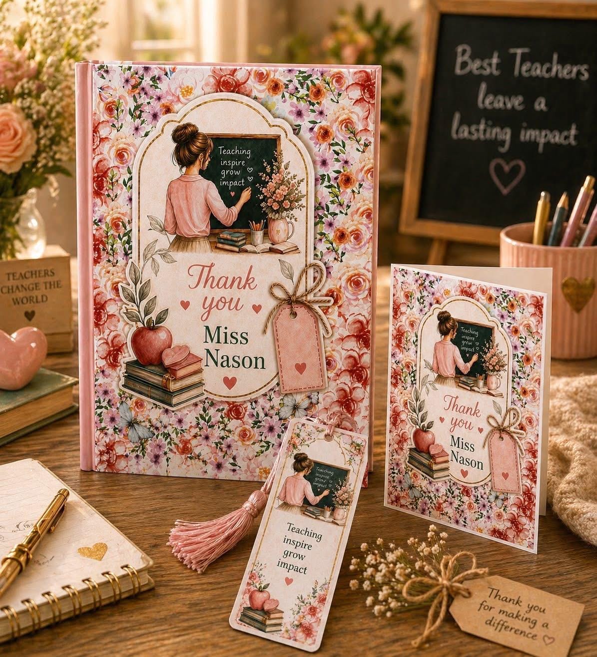 Personalised teacher gift set including A5 floral hardcover notebook, matching bookmark with tassel, and greeting card, personalised with the name Miss Nason, displayed on a wooden desk with roses and stationery