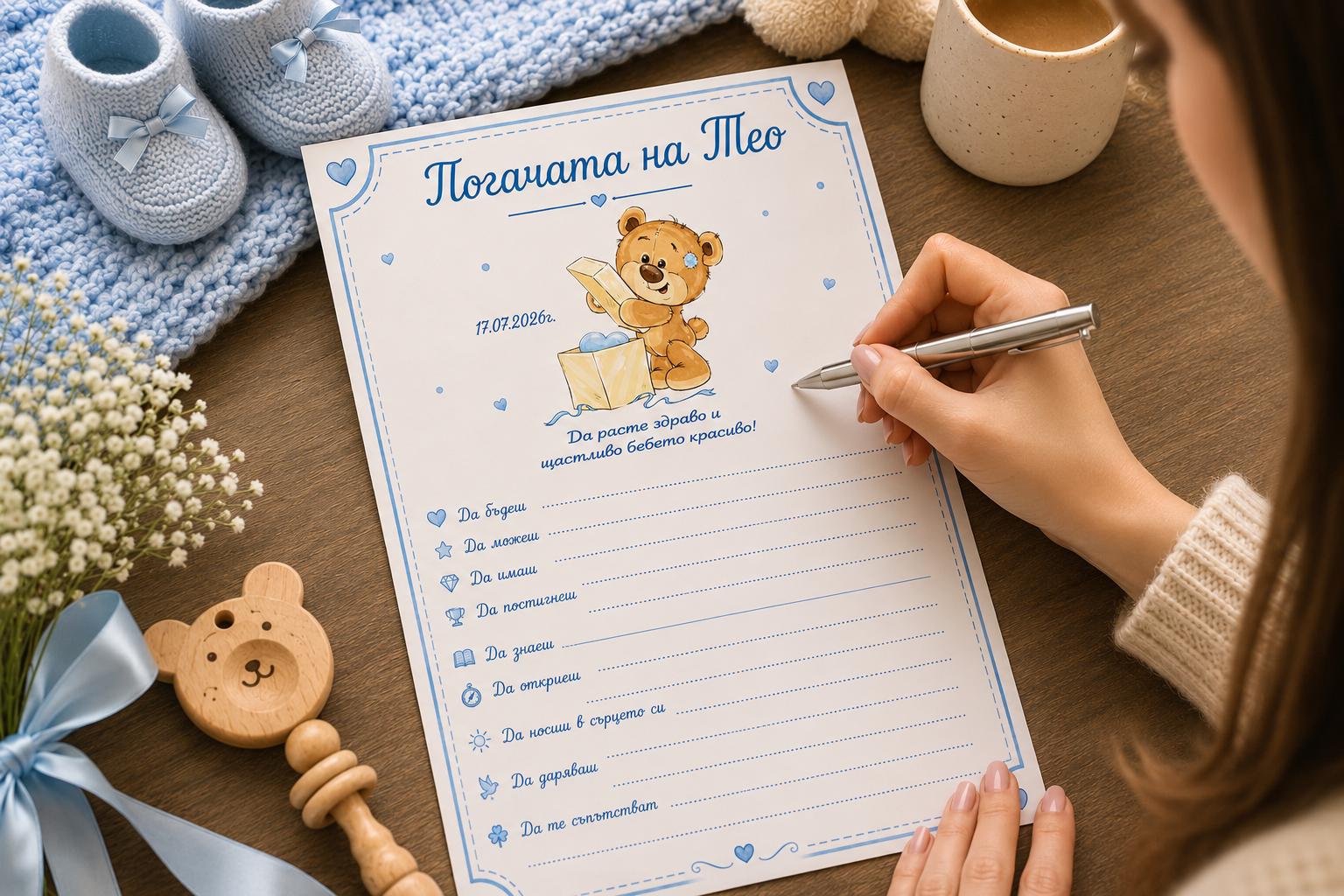 Синя картичка за орисници 'Погачата на Тео' с мече, ръка пише предсказания, бебешки ботушки и цветя