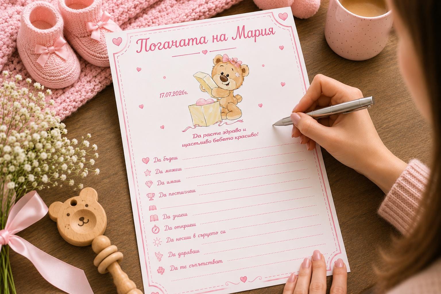 Розова картичка за орисници 'Погачата на Мария' с мече, ръка пише предсказания и панделка