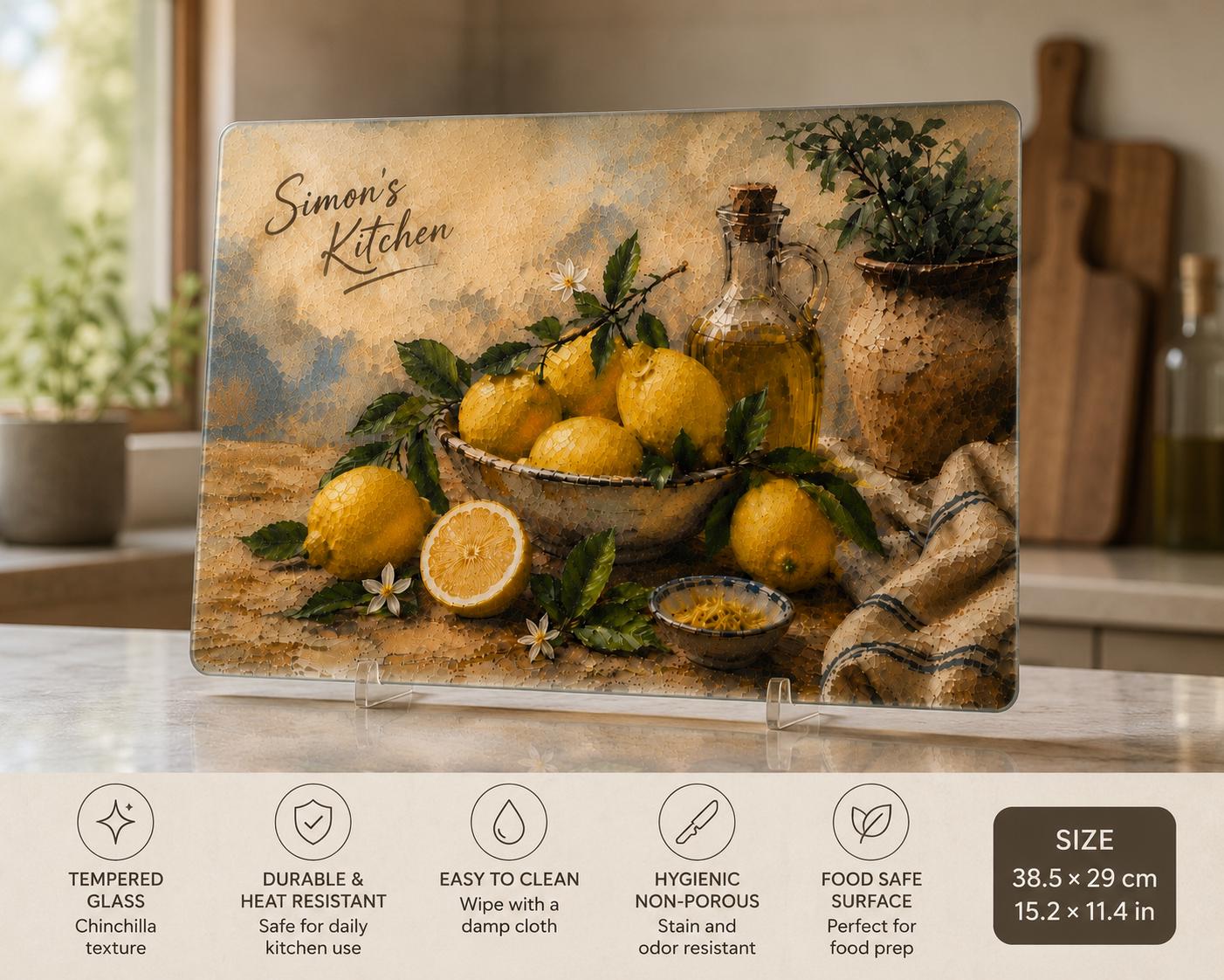 Personalised Amalfi Lemon Tempered Glass Cutting Board, Custom Kitchen Decor