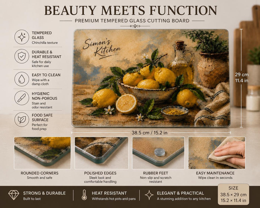 Personalised Amalfi Lemon Tempered Glass Cutting Board, Custom Kitchen Decor