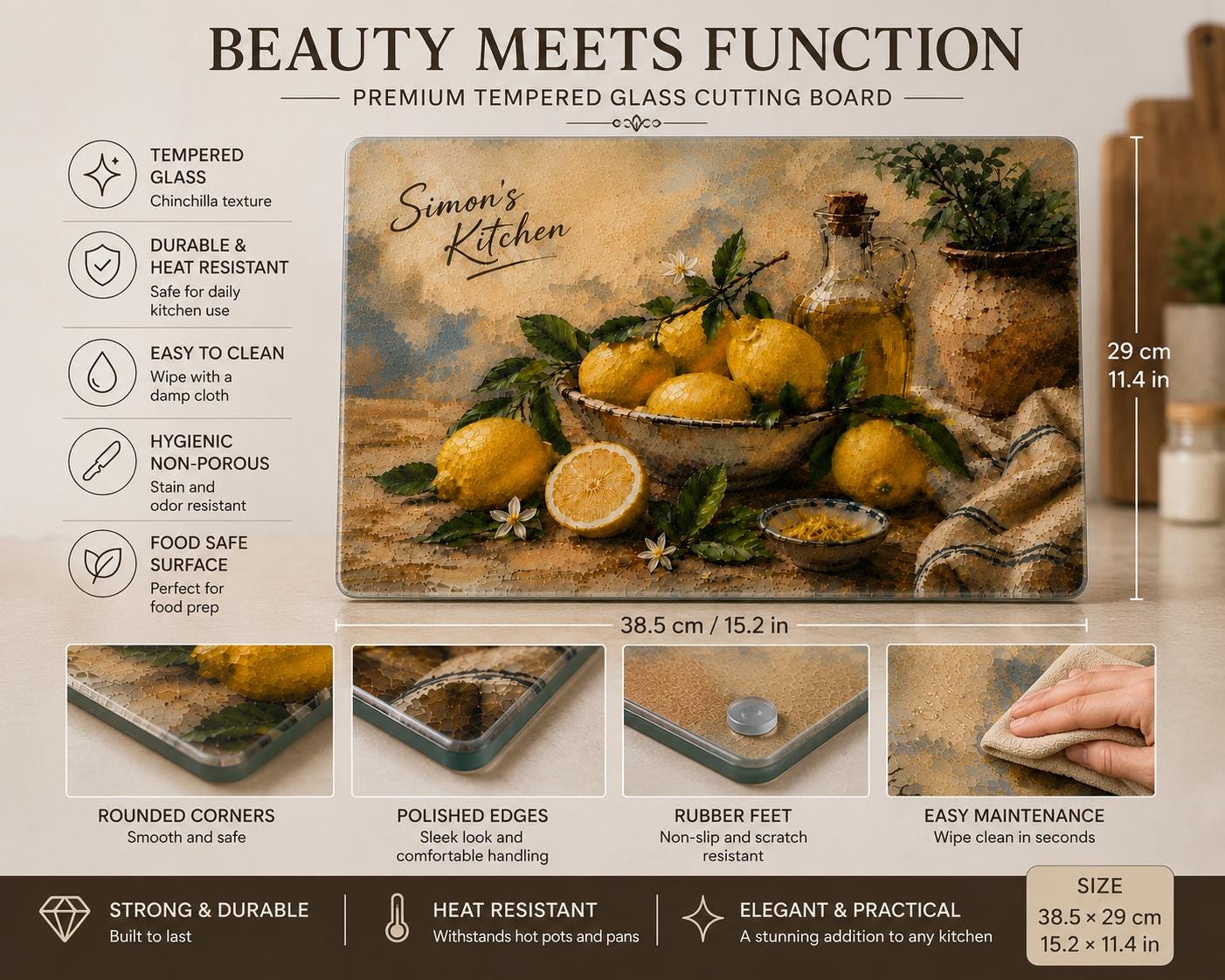 Personalised Amalfi Lemon Tempered Glass Cutting Board, Custom Kitchen Decor