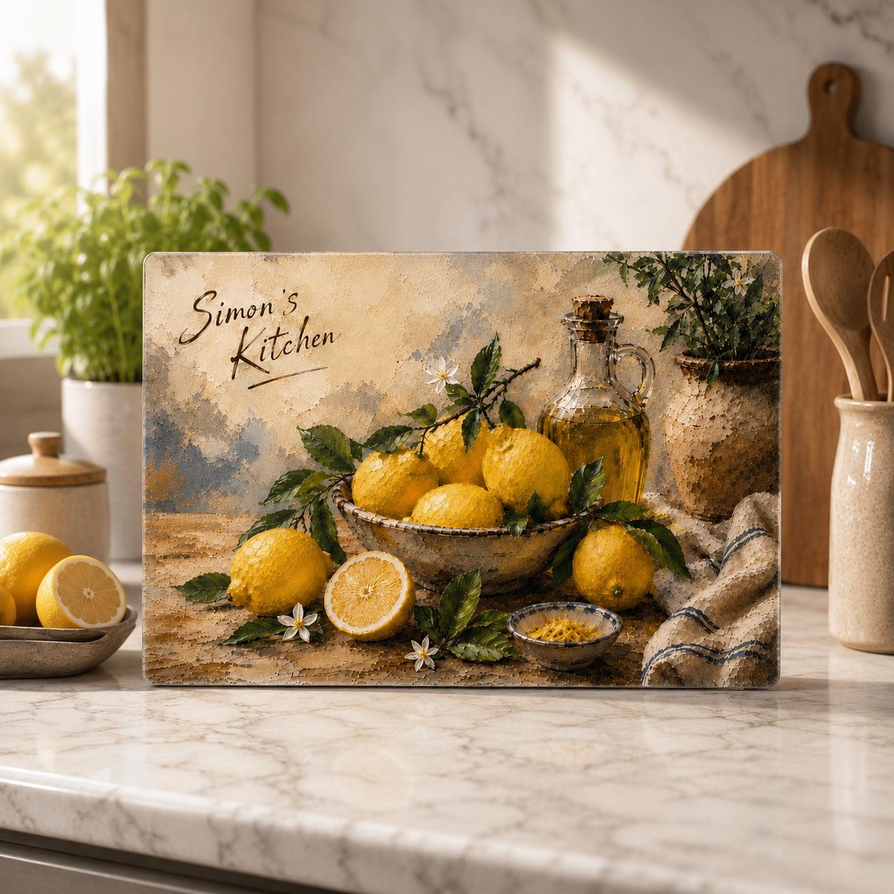 Personalised Amalfi Lemon Tempered Glass Cutting Board, Custom Kitchen Decor