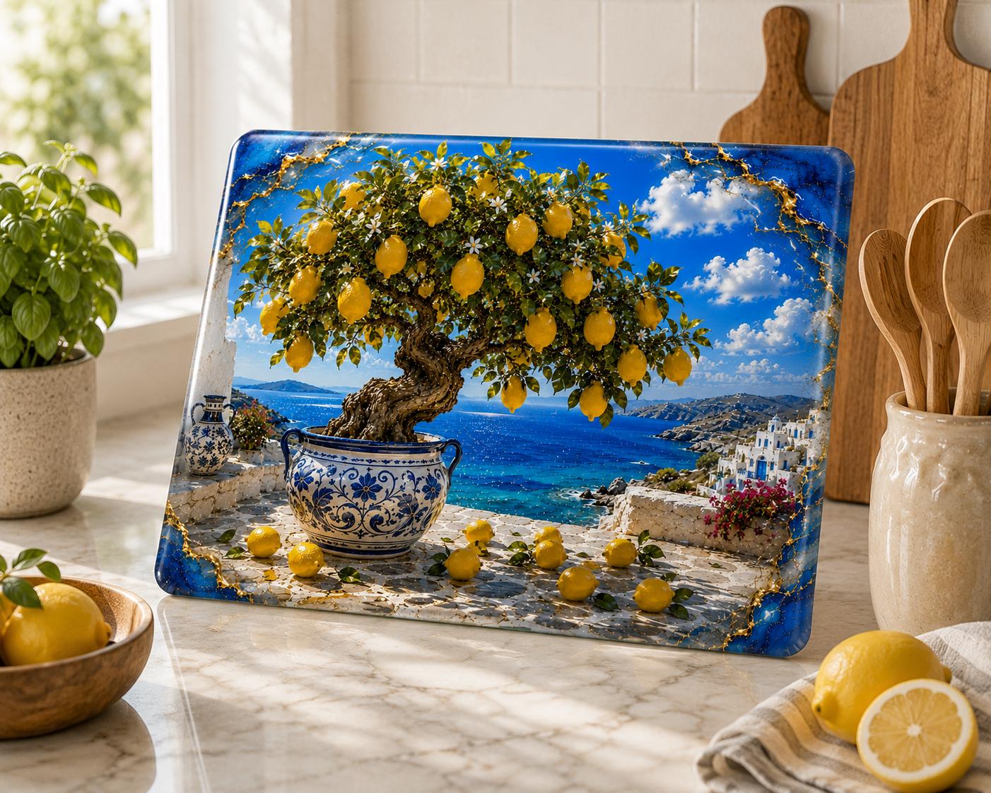 Personalized Lemon Tree Glass Cutting Board, Mediterranean Coastal Kitchen Decor, Custom Name Chopping Board, Housewarming Gift
