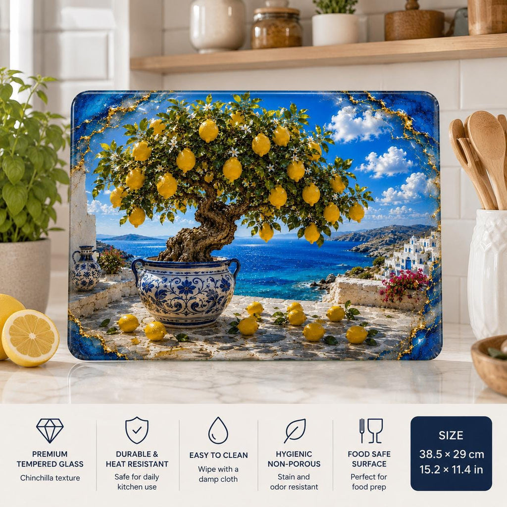 Personalized Lemon Tree Glass Cutting Board, Mediterranean Coastal Kitchen Decor, Custom Name Chopping Board, Housewarming Gift