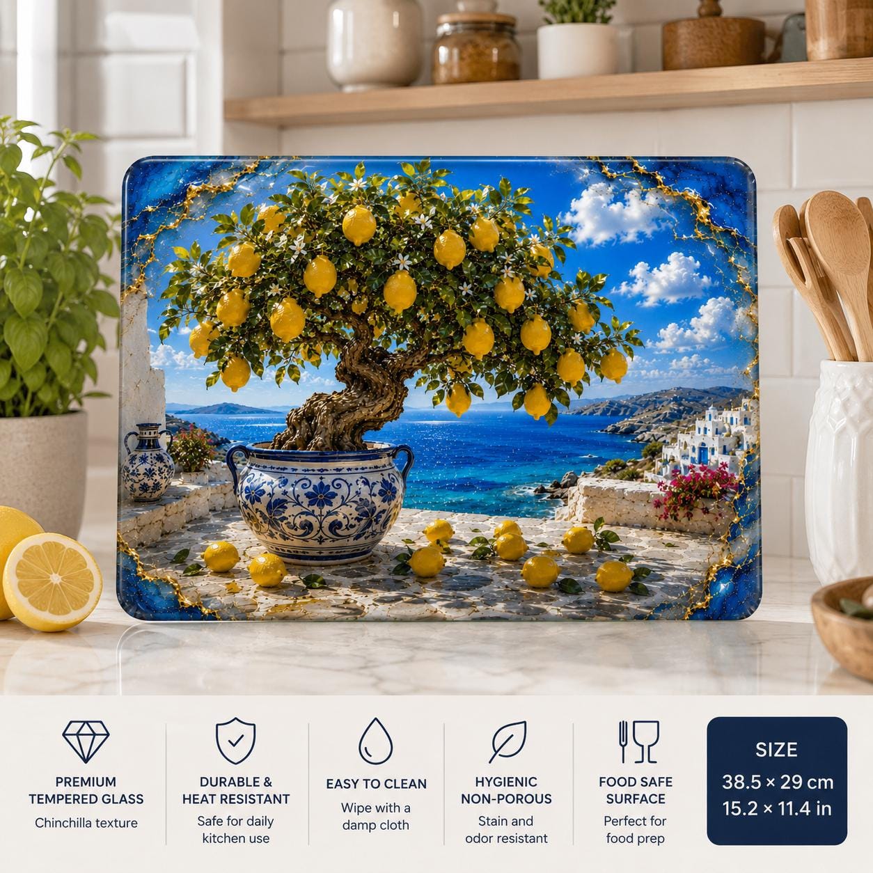 Personalized Lemon Tree Glass Cutting Board, Mediterranean Coastal Kitchen Decor, Custom Name Chopping Board, Housewarming Gift