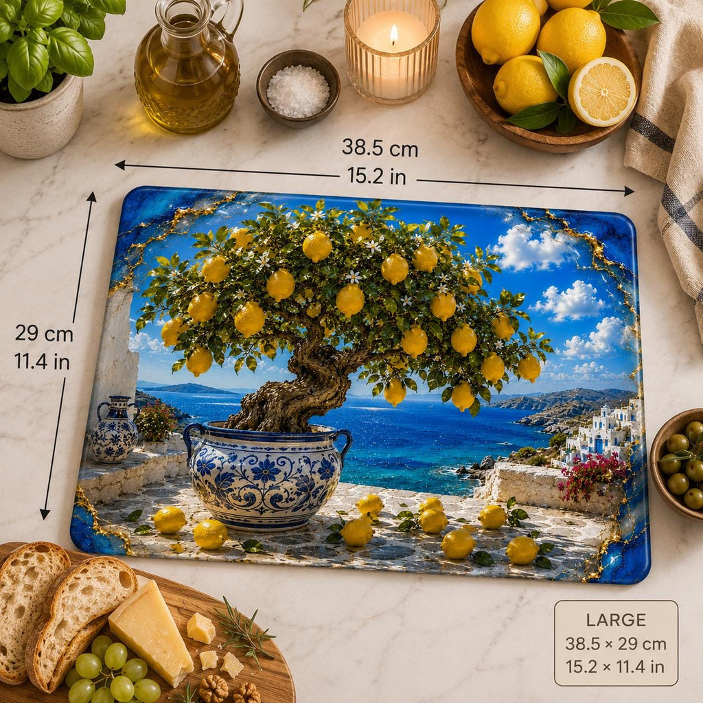 Personalized Lemon Tree Glass Cutting Board, Mediterranean Coastal Kitchen Decor, Custom Name Chopping Board, Housewarming Gift